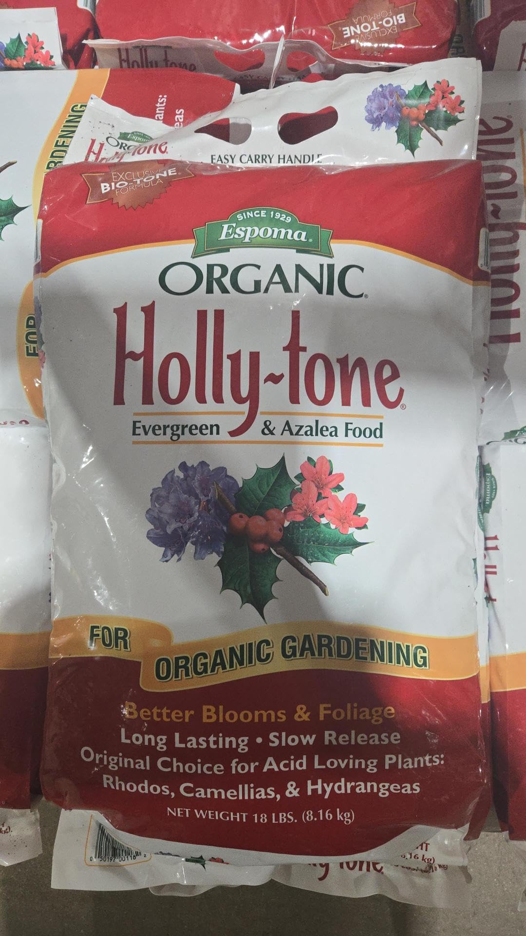 Espoma Holly-Tone organic certification badge indicates suitability for organic gardening.