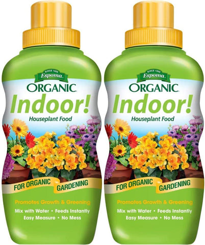 Espoma Indoor Liquid Plant Food bottle poured for easy feeding and healthier houseplants.