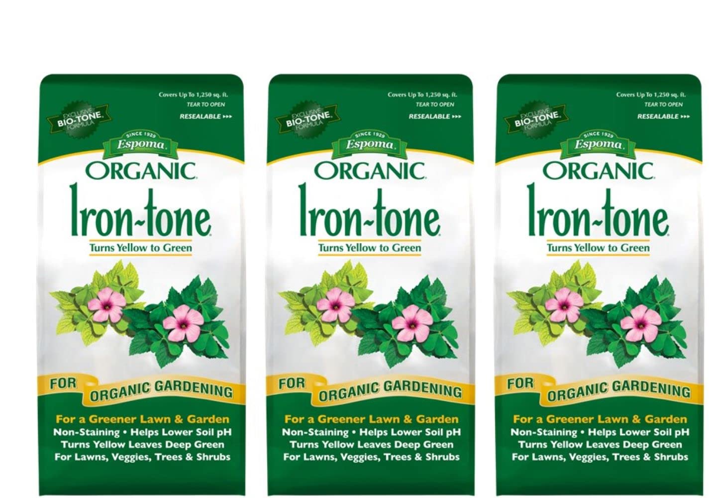 Espoma Iron-Tone 3-0-3 fertilizer bag ready to feed green growth without staining.