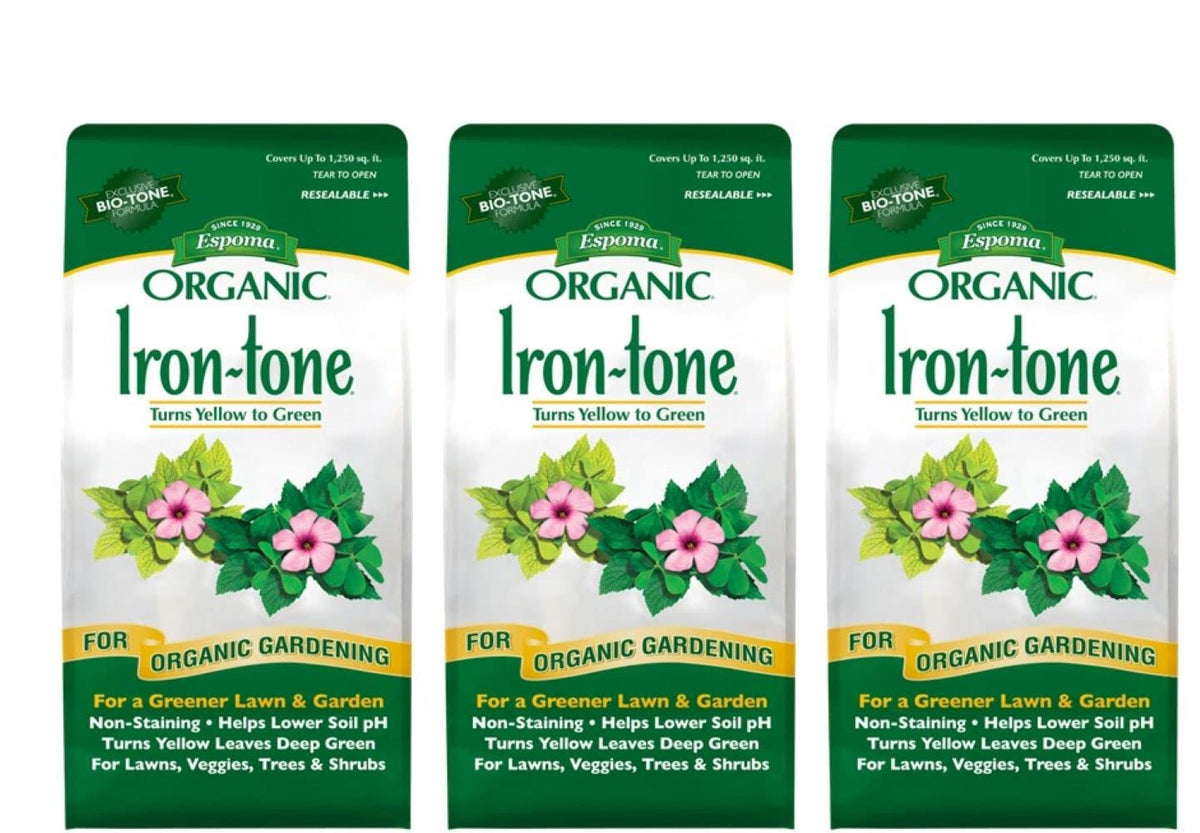 Espoma Iron-Tone 3-0-3 fertilizer bag ready to feed green growth without staining.