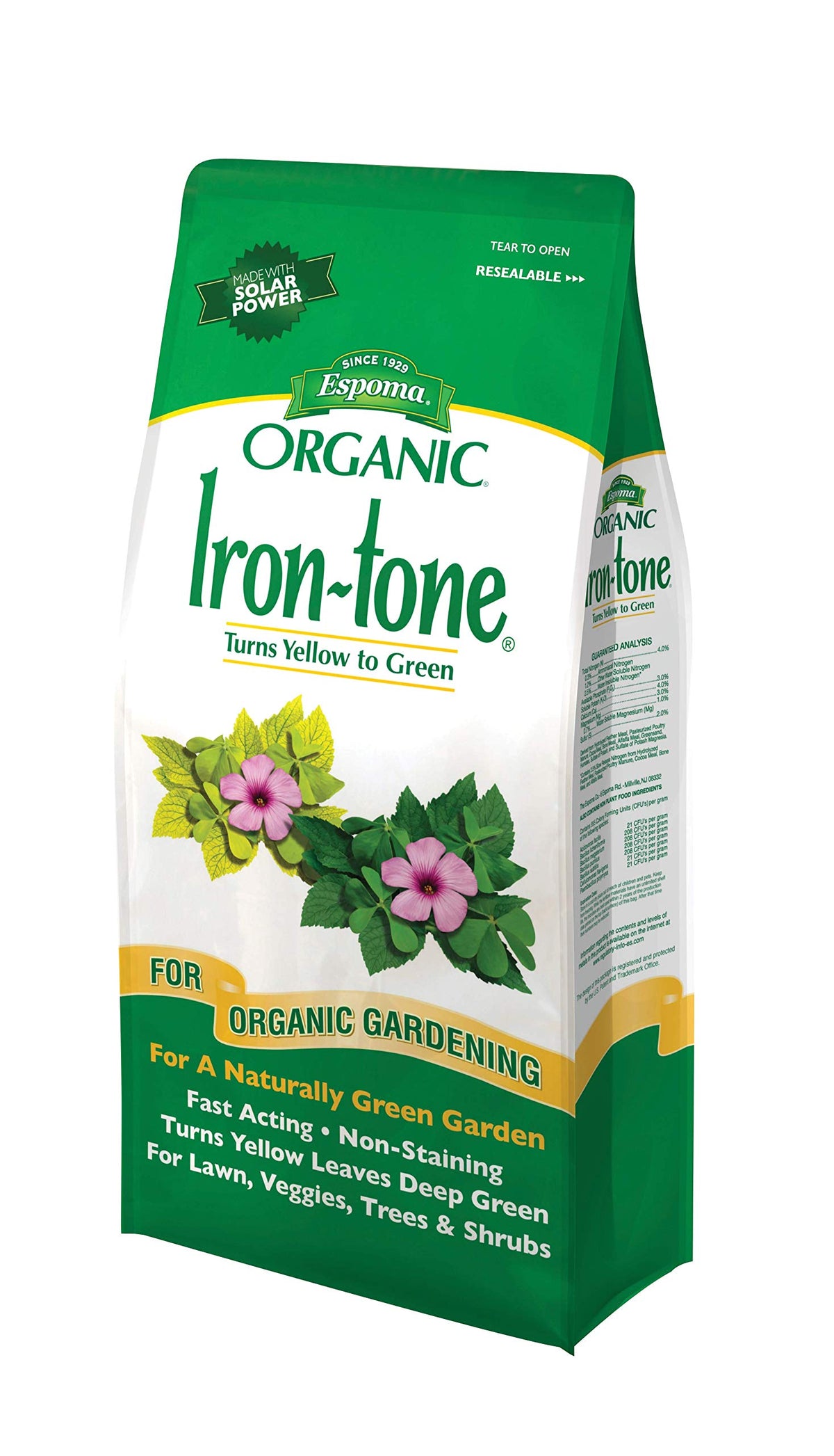 Espoma Iron-Tone pack-2 promotes greener foliage and iron-chlorosis support.