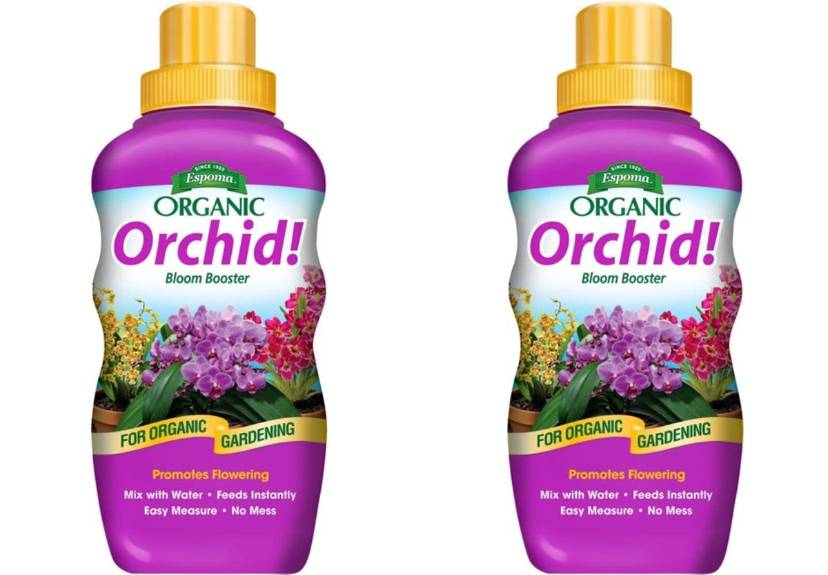 Espoma Orchid liquid fertilizer bottle pouring to nourish blooms.