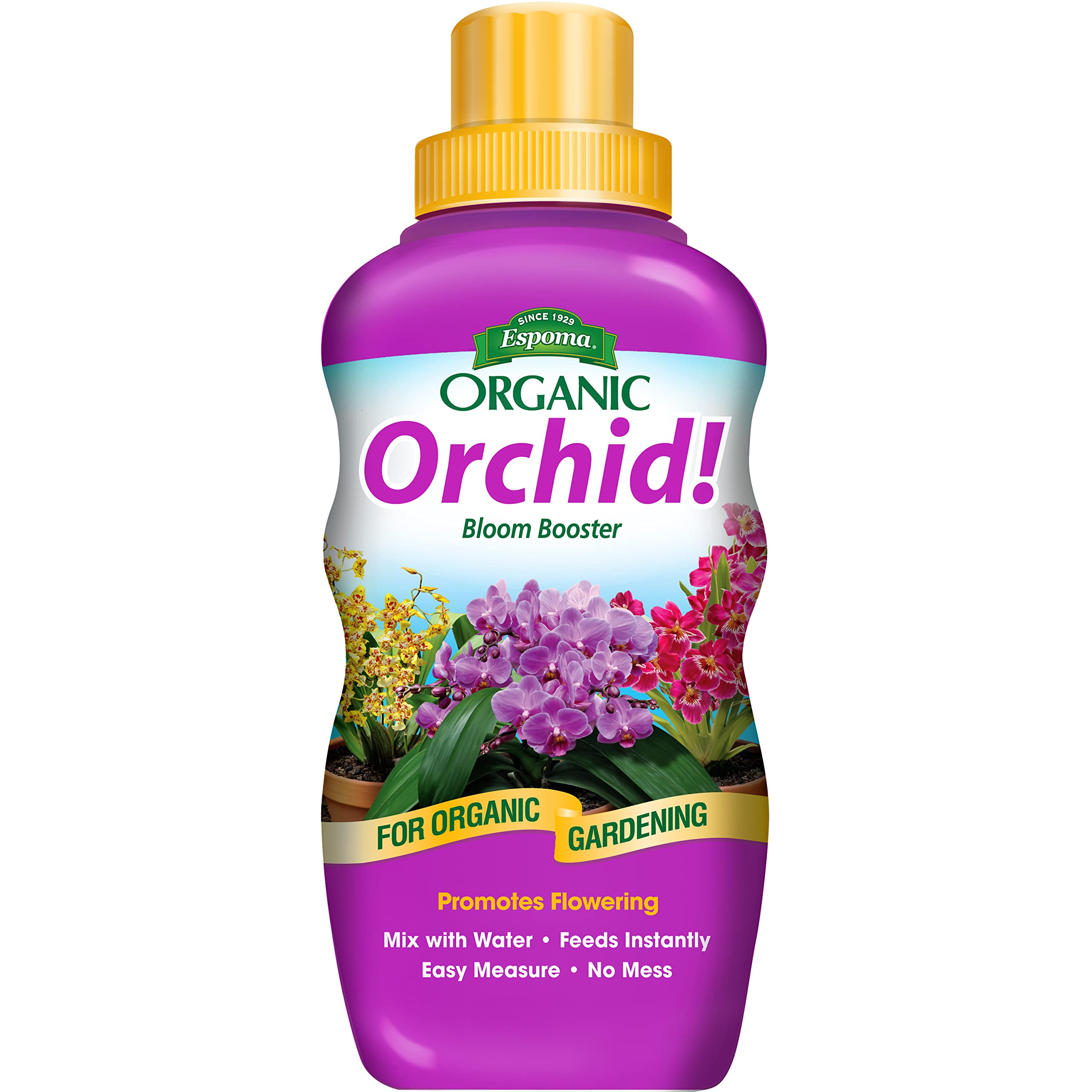 Espoma Orchid Organic Fertilizer bottle pouring for simple dosing at home.