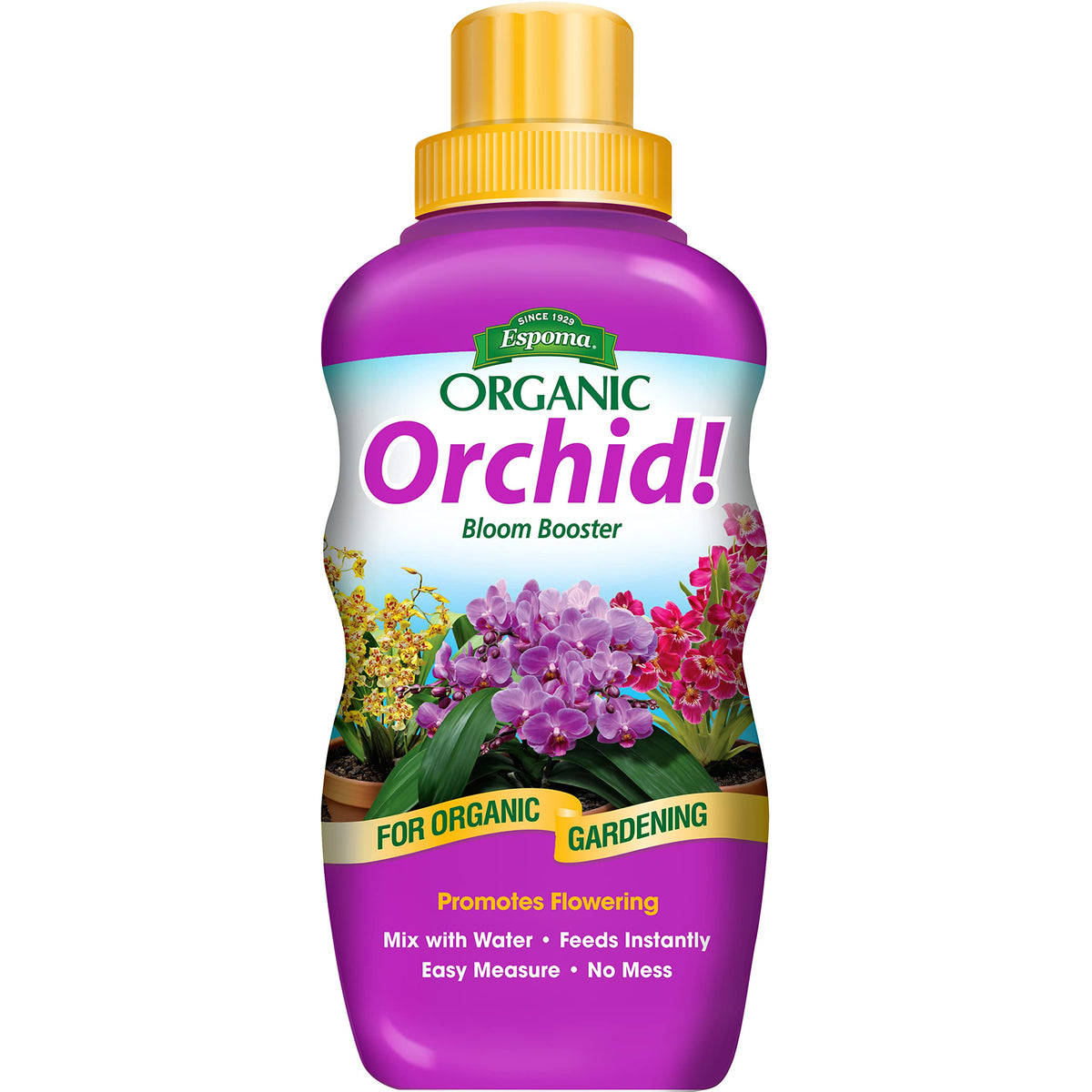 Espoma Orchid Organic Fertilizer bottle pouring for simple dosing at home.