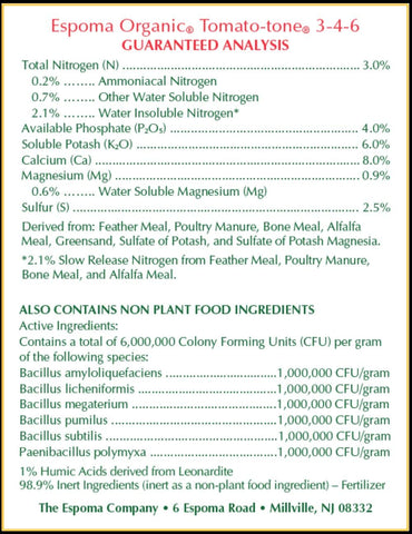 Organic fertilizer by Espoma for tomatoes and vegetables in home gardens.