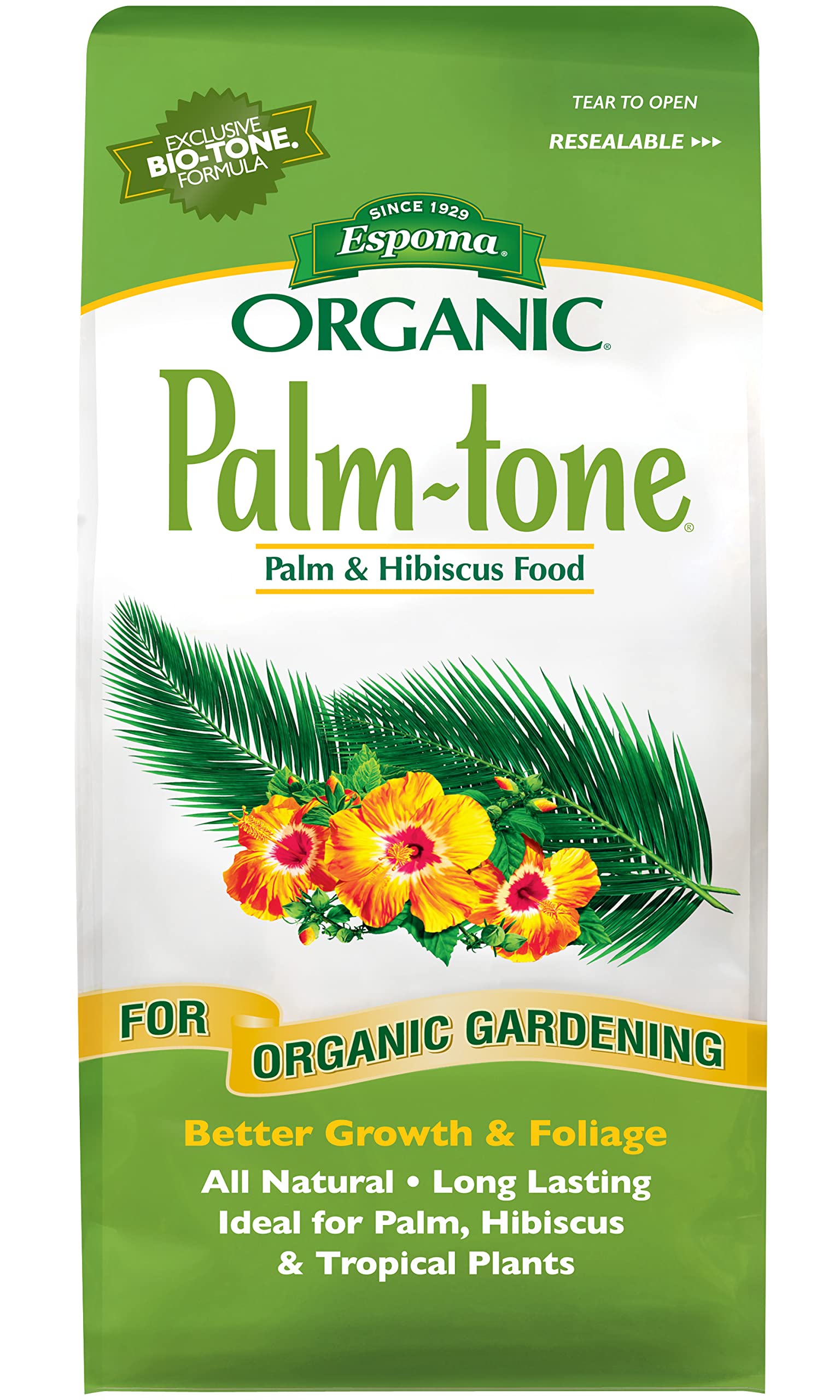 Espoma Palm-Tone bottle showing organic fertilizer for palms and tropical plants.