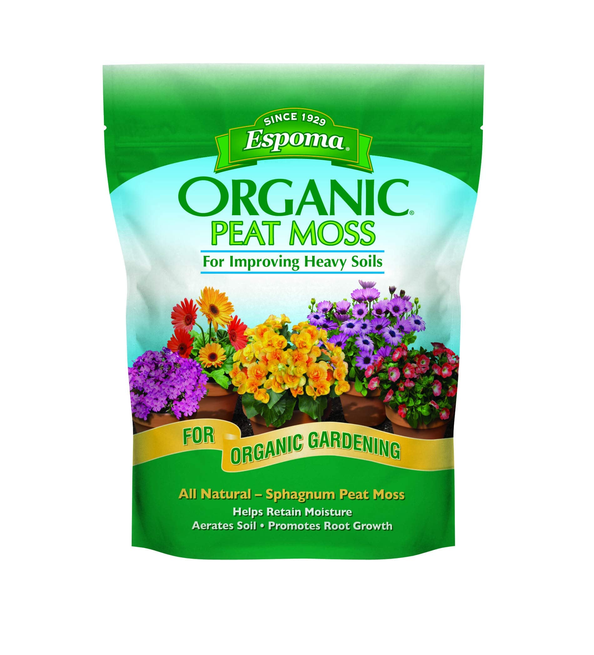 Espoma Organic Peat Moss 8-quart bag improves soil aeration and moisture retention