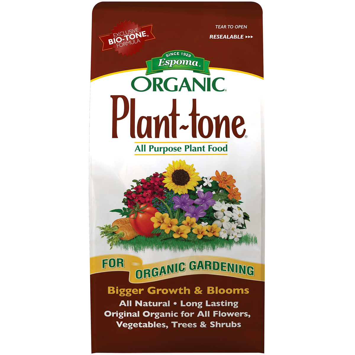 Espoma Plant-Tone 5-3-3 bag front, original organic fertilizer for all plants.