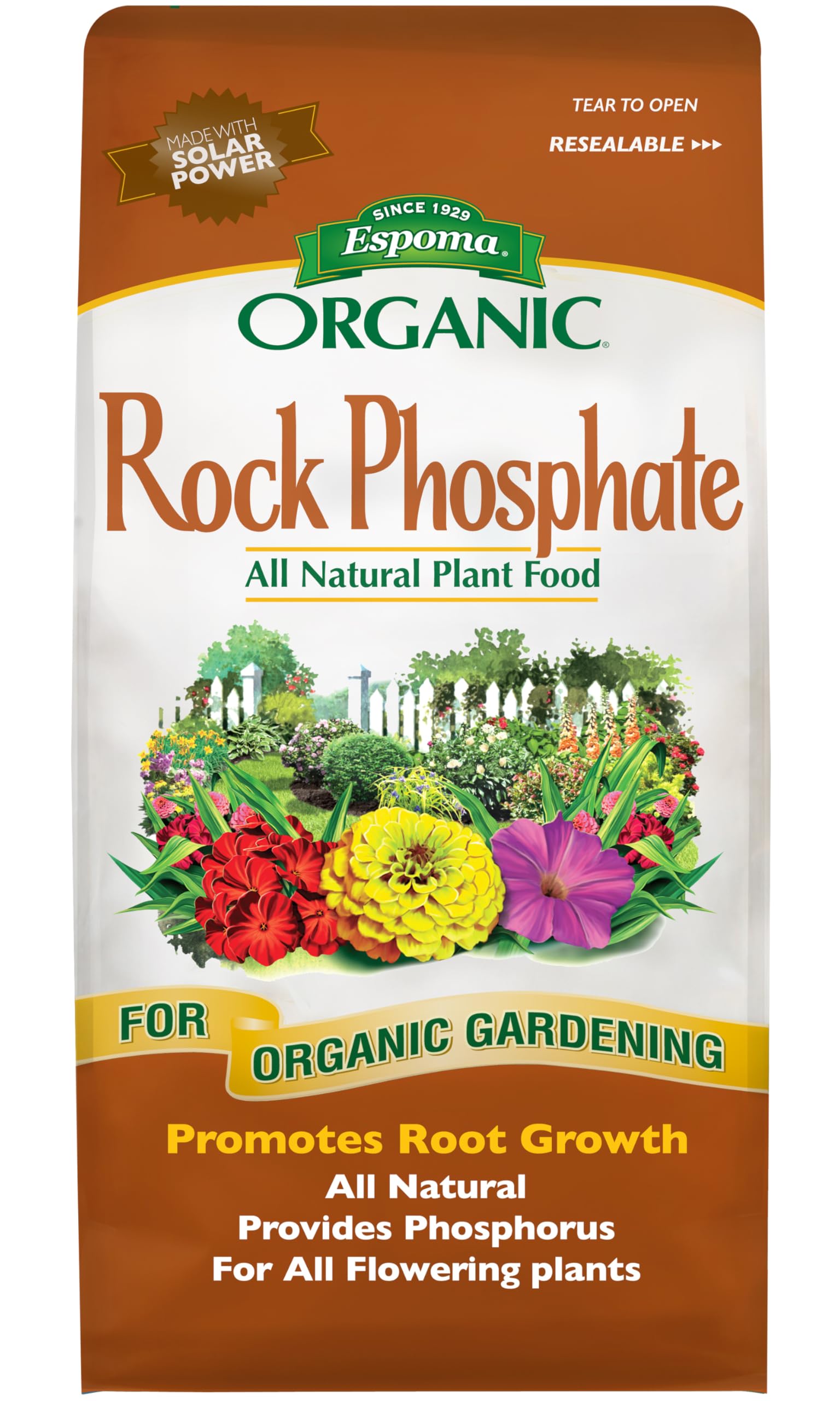 Espoma Rock Phosphate 7-25 lb bag boosts bloom and root growth for outdoor gardens.