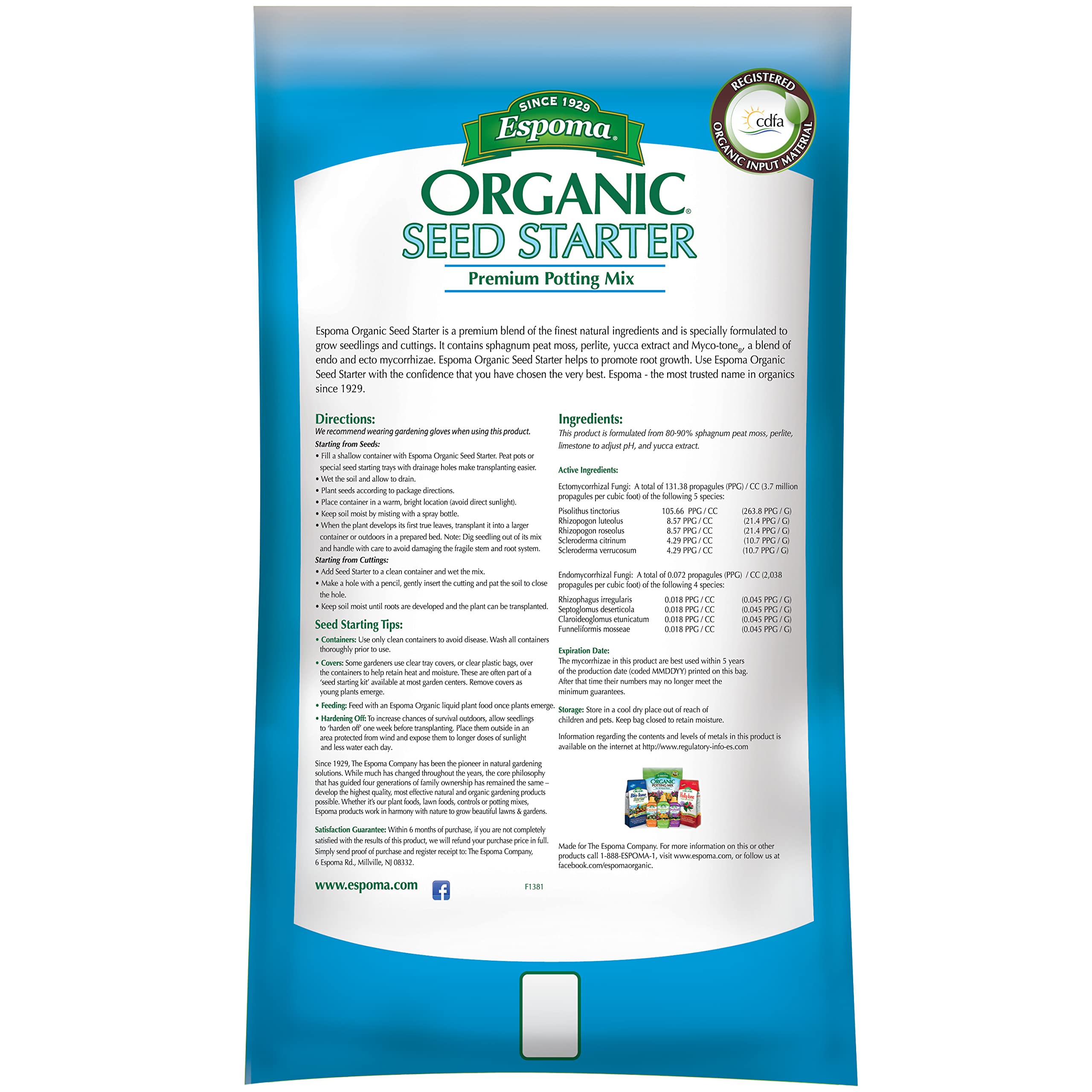 Espoma seed starter soil with mycorrhizae detail for stronger root growth