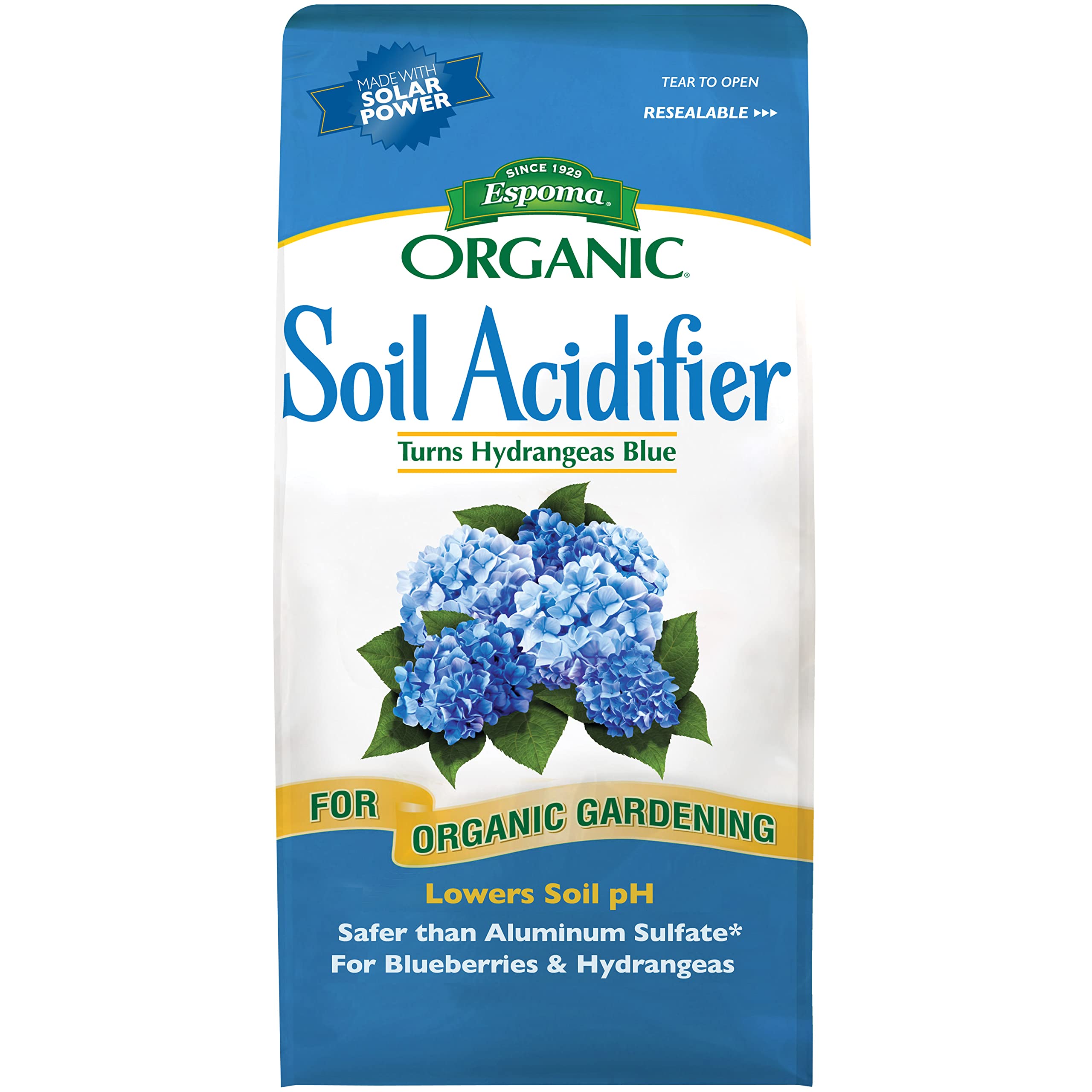 Espoma Soil Acidifier box highlights elemental sulfur and gypsum for soil pH adjustment.