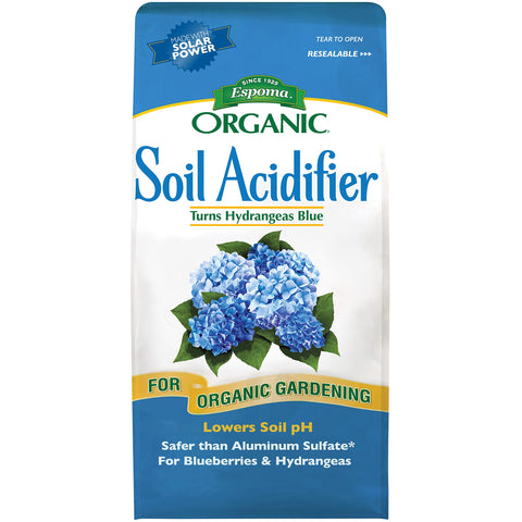 Espoma Soil Acidifier box highlights elemental sulfur and gypsum for soil pH adjustment.