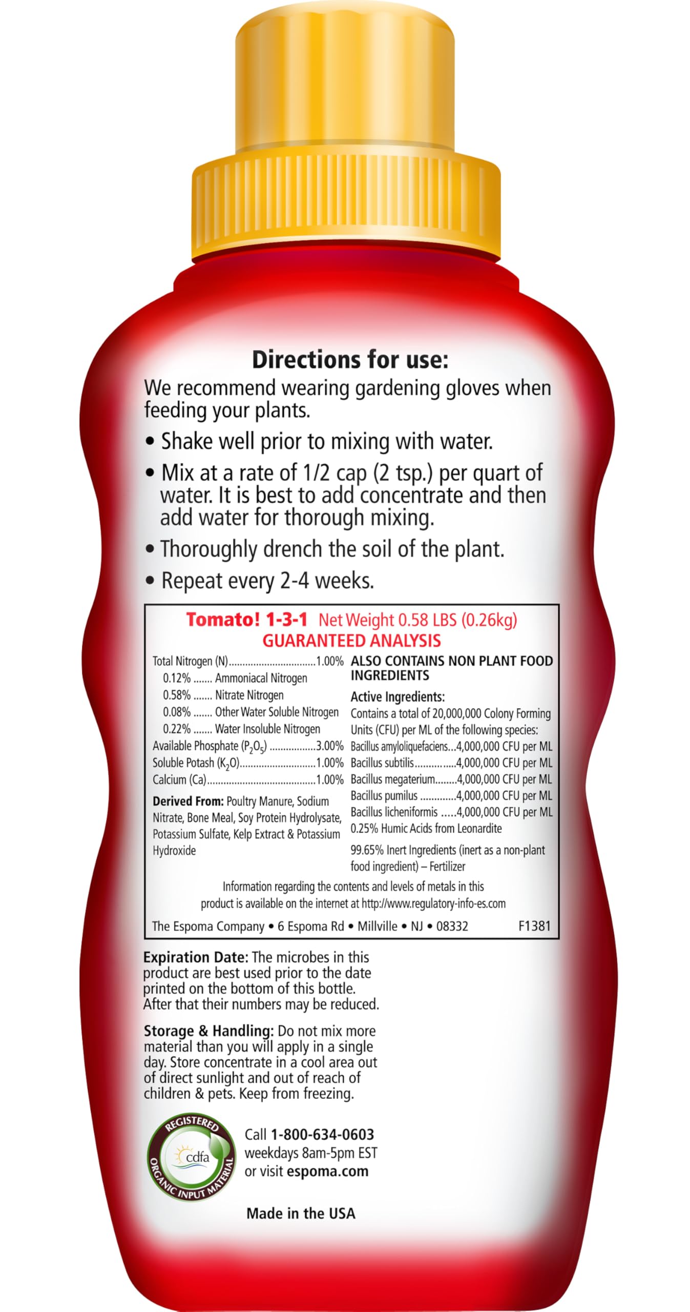 Espoma Tomato! half-cap dosage guide for easy feeding