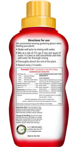 Espoma Tomato! half-cap dosage guide for easy feeding