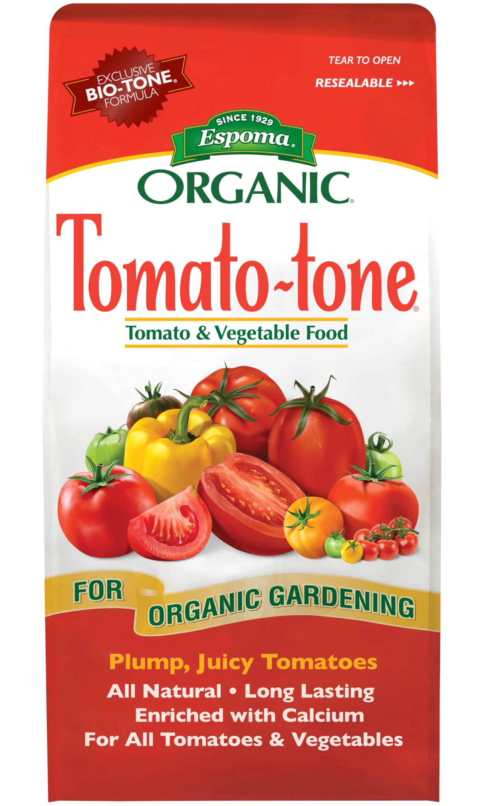 Espoma Tomato-Tone 3-4-6 bag for lush tomatoes and vegetables.