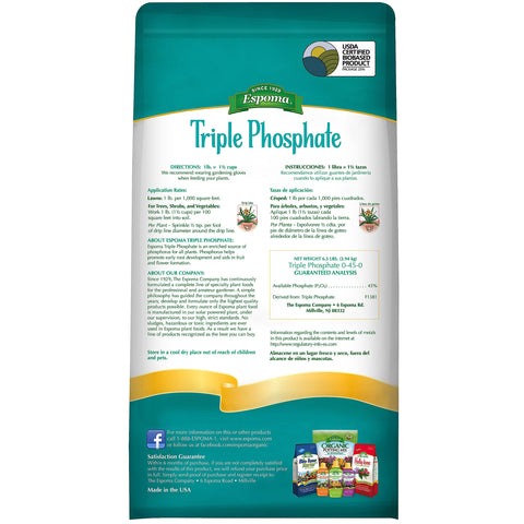 Espoma Triple Phosphate 0-45-0 spread on soil supports blooming and healthy plants.