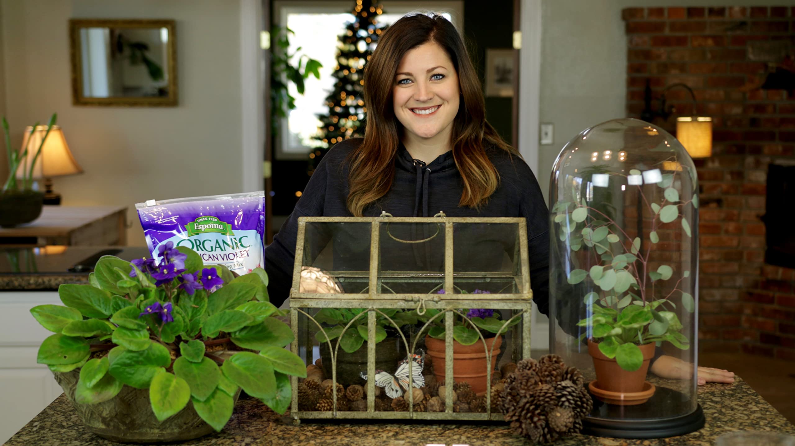 Espoma USA-made potting soil shown for violets and indoor flowering plants.