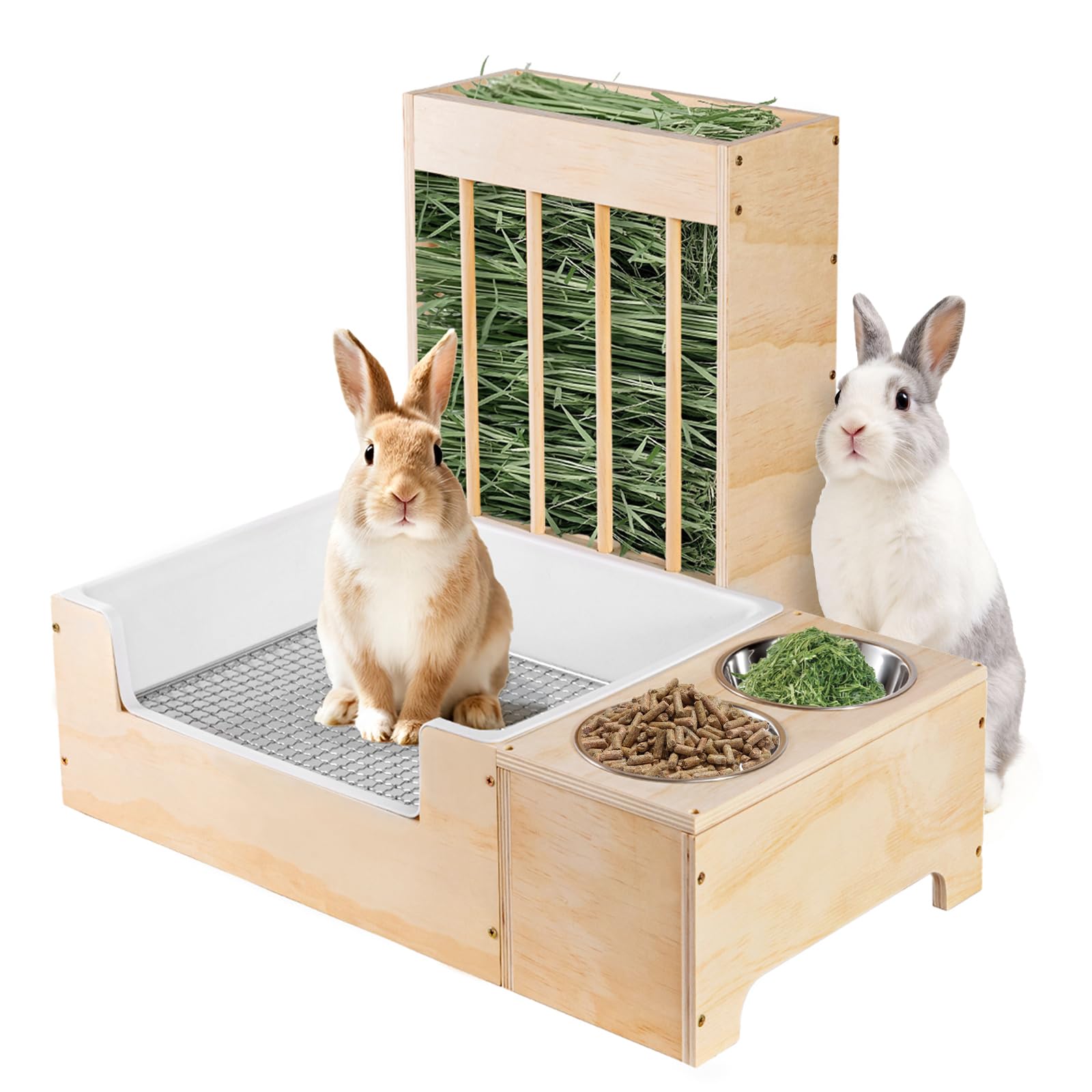 Essenhome extra-large 3-in-1 rabbit litter box with hay feeder for flexible placement.