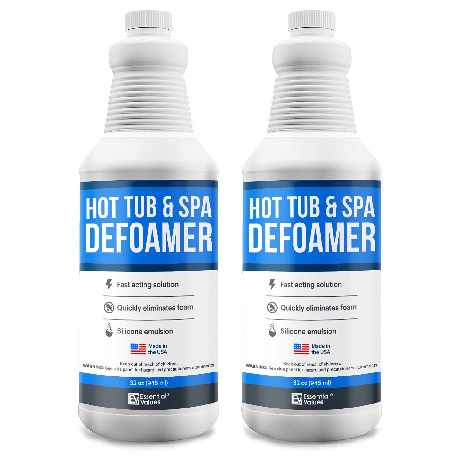 Essential Values hot tub foam eliminator bottle front reduces foam fast for spa-ready water.