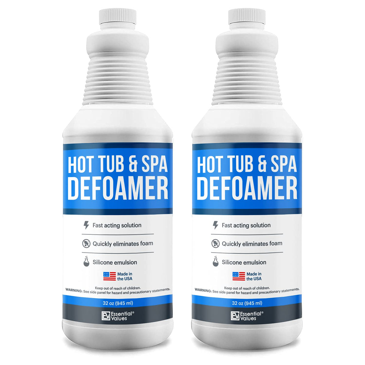 Essential Values hot tub foam eliminator bottle front reduces foam fast for spa-ready water.
