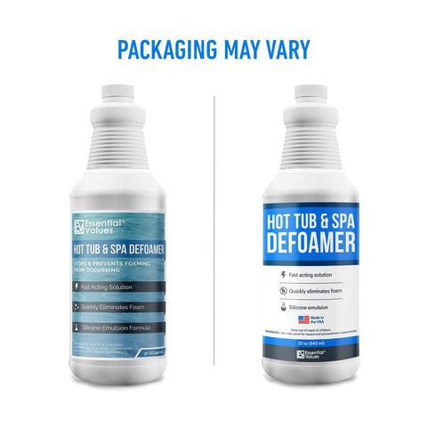 Essential Values hot tub foam eliminator label close-up provides usage guidance.
