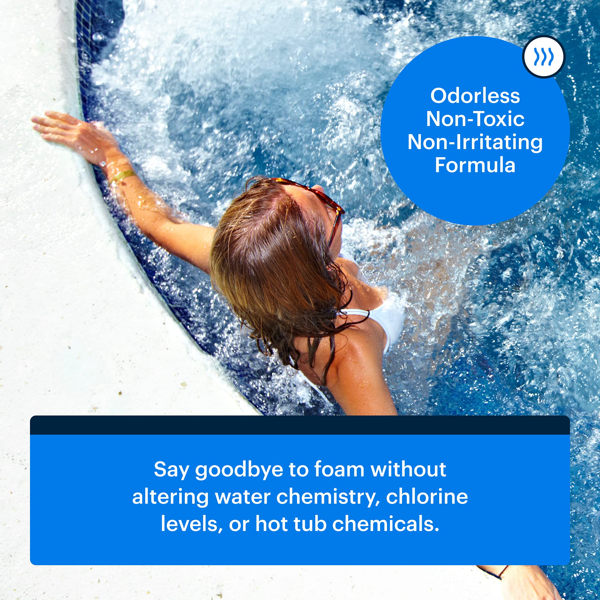 Essential Values hot tub foam eliminator silica-technology shows hydrophobic silica action.