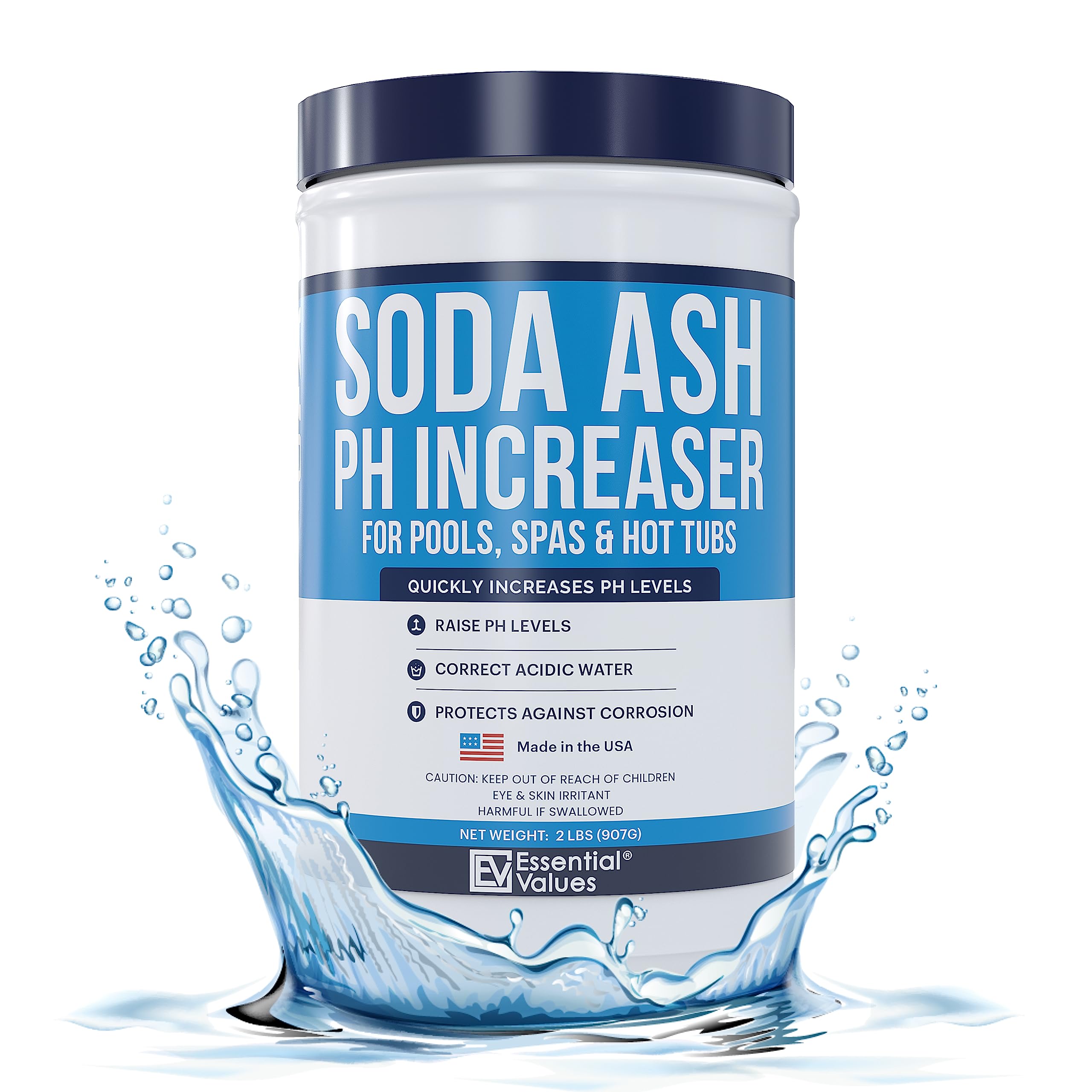Essential Values PH Increaser bottle pour for easy dosing in pools and spas.