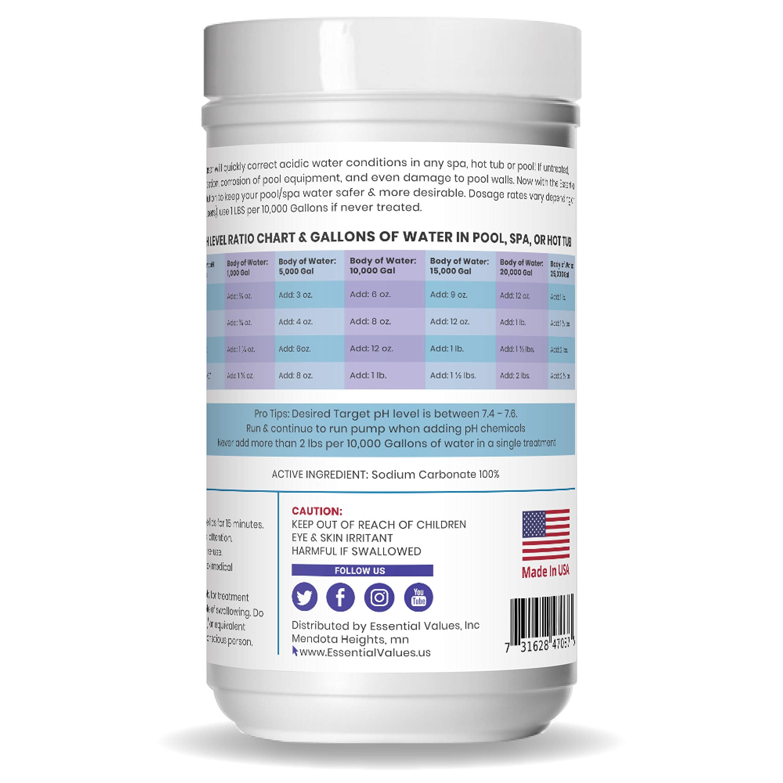 Essential Values pool spa pH increaser granules closeup showing natural formula.