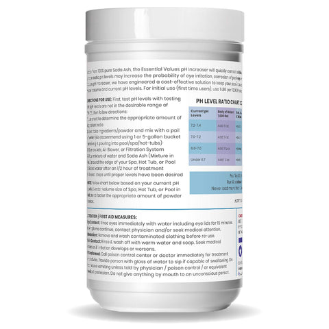 Essential Values sodium carbonate powder closeup highlights fast acting pH boost.