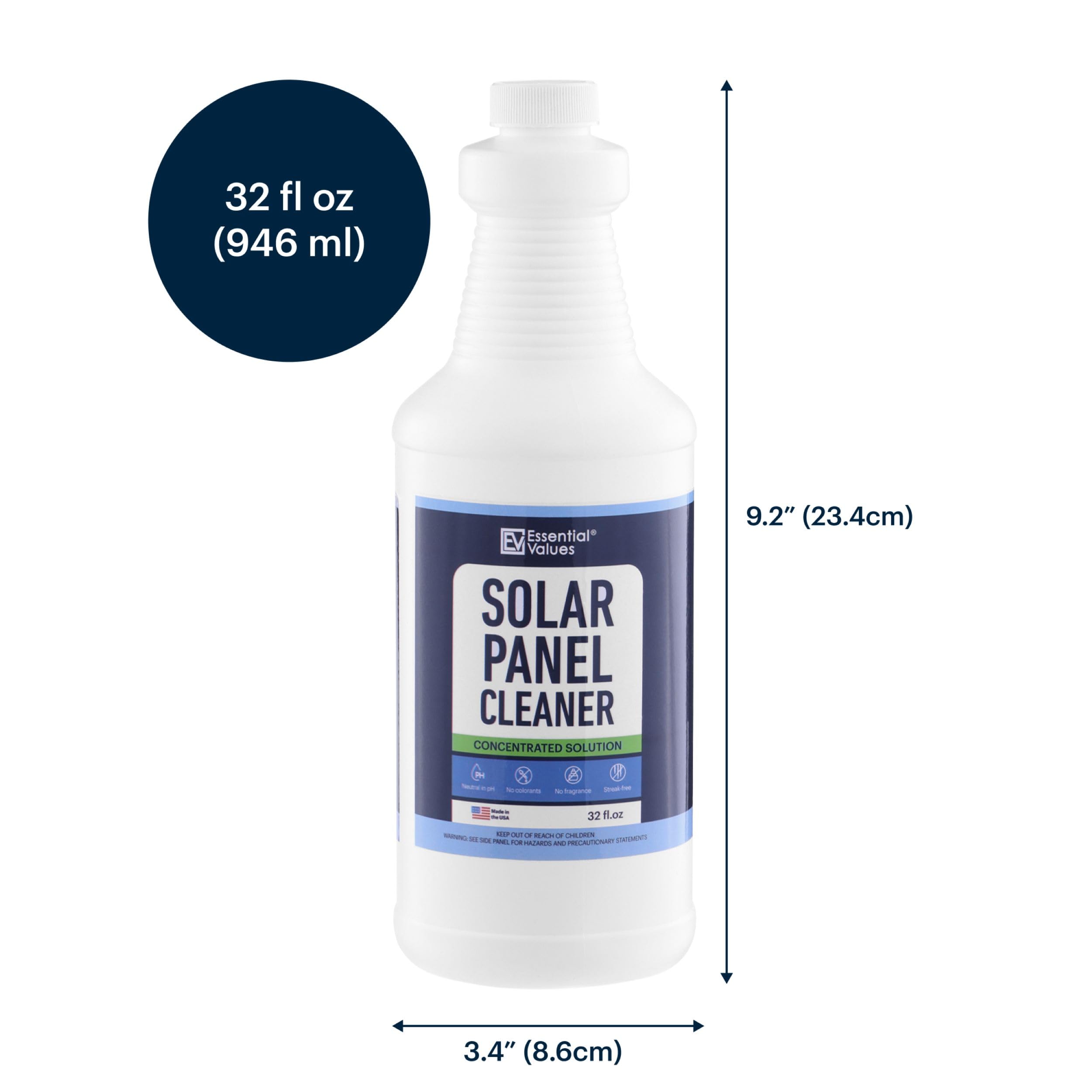 Essential Values Solar Panel Cleaner bottle cap close-up communicates fragrance-free, concentrated formula.