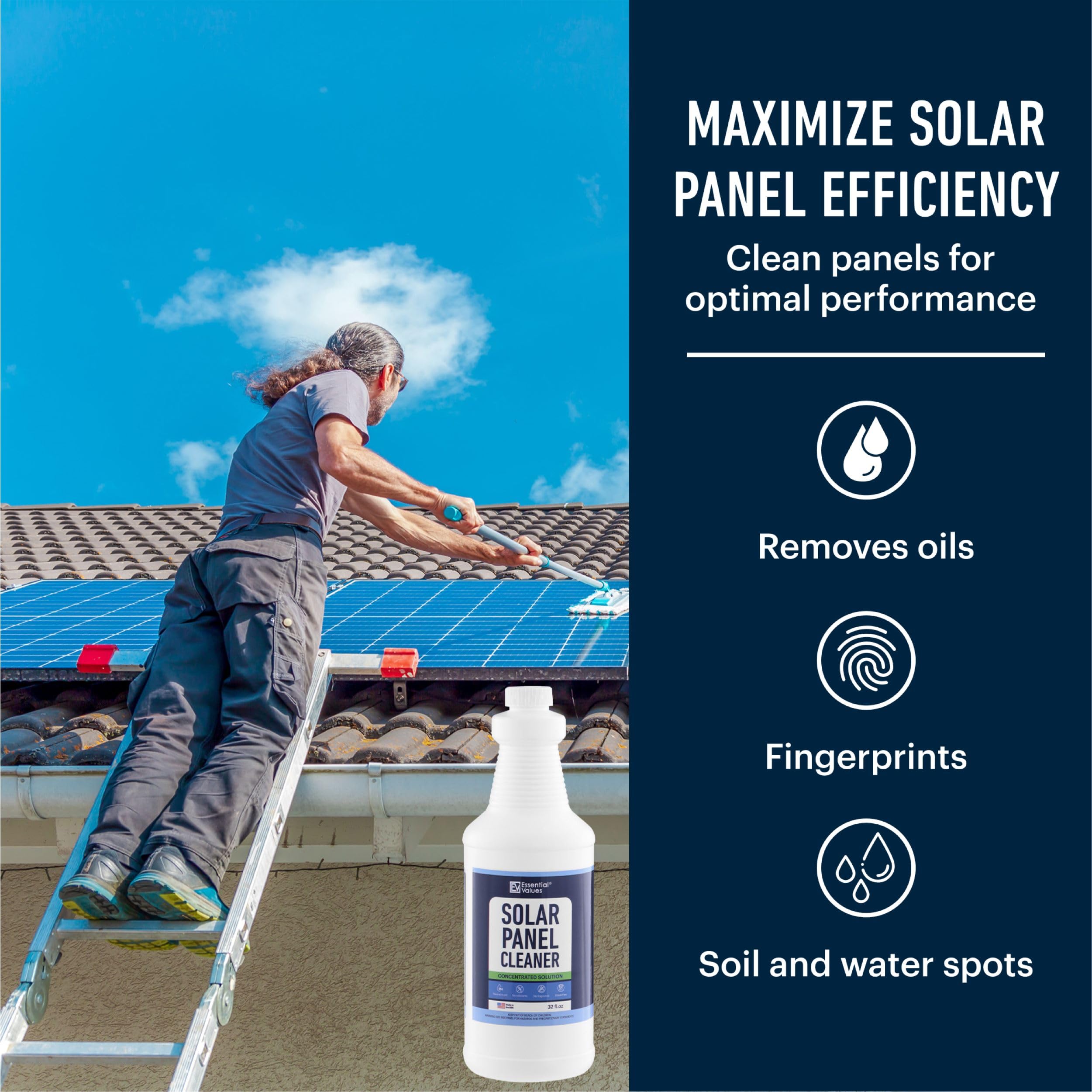 Essential Values Solar Panel Cleaner—dilution measurement shows ready-to-use mix for 96 gallons.
