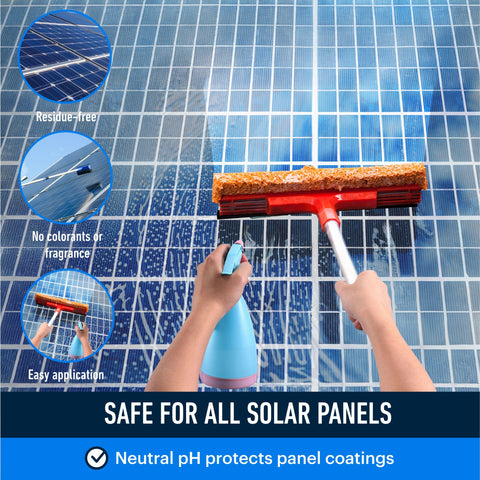 Essential Values Solar Panel Cleaner on rooftop shows clear, streak-free results after cleaning.
