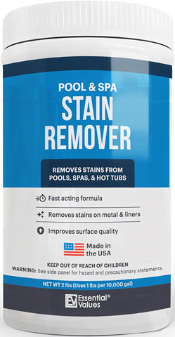 Essential Values stain remover bottle front for easy rust and tough stain removal in pools.