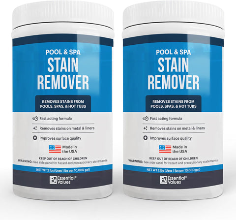 Essential Values swimming pool stain remover bottle applying rust stain on vinyl surface