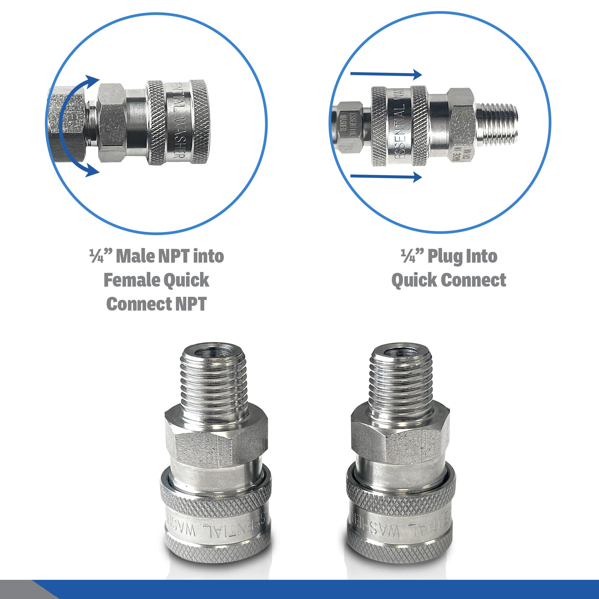 Broad compatibility of ESSENTIAL WASHER fittings fits various pressure washer hoses and setups.