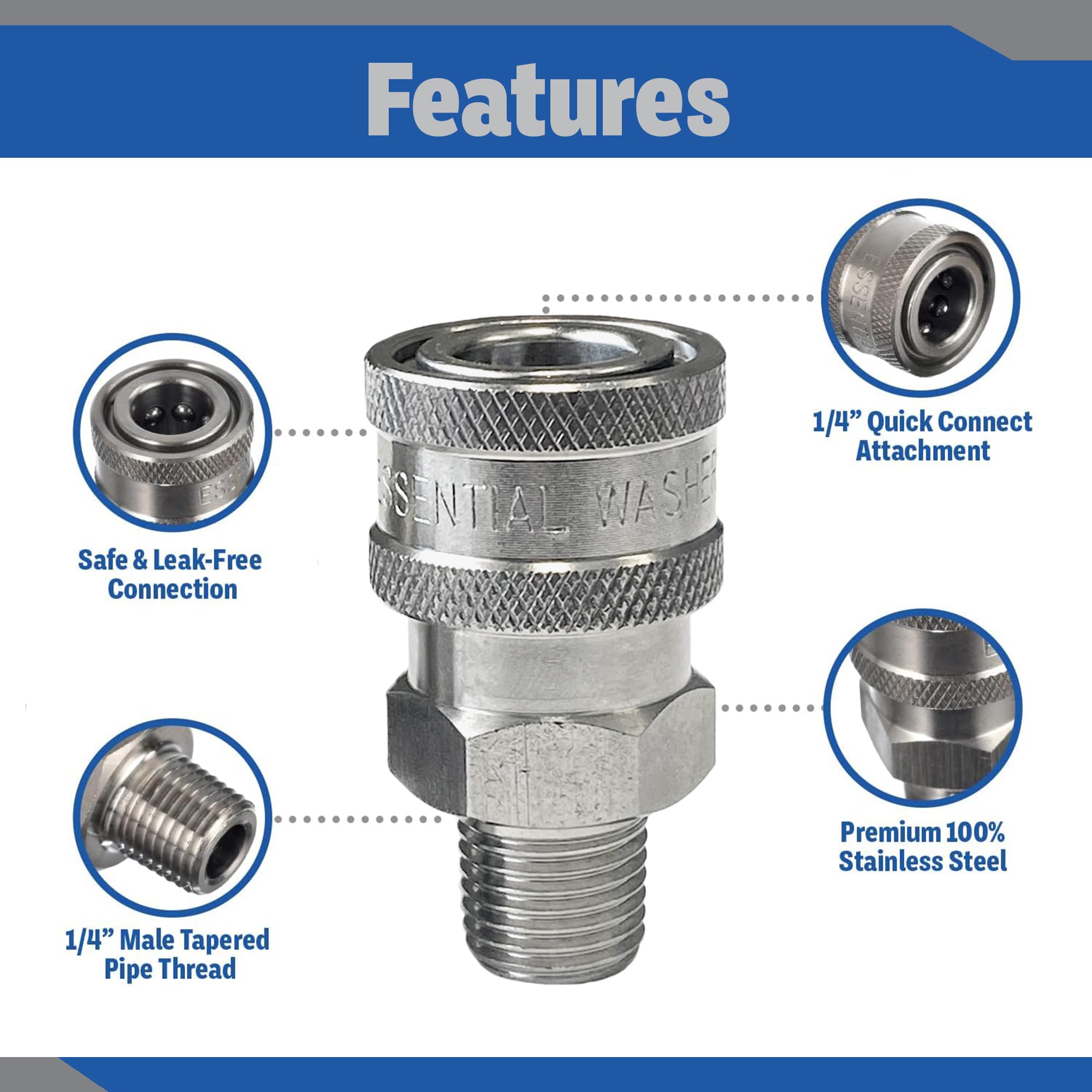 Close-up of durable threads on ESSENTIAL WASHER quick connect fittings for long-lasting use.