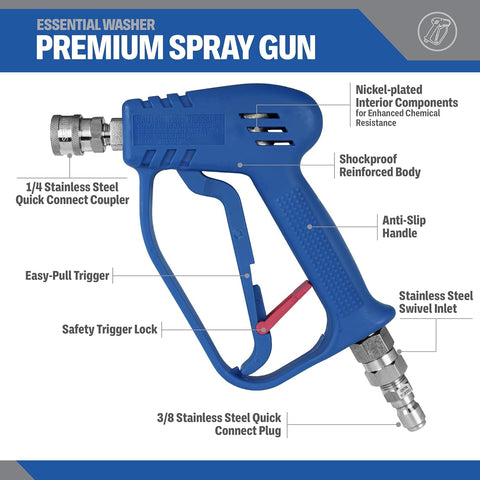 Essential Washer gun showing foam cannon compatibility and 4000 PSI capability