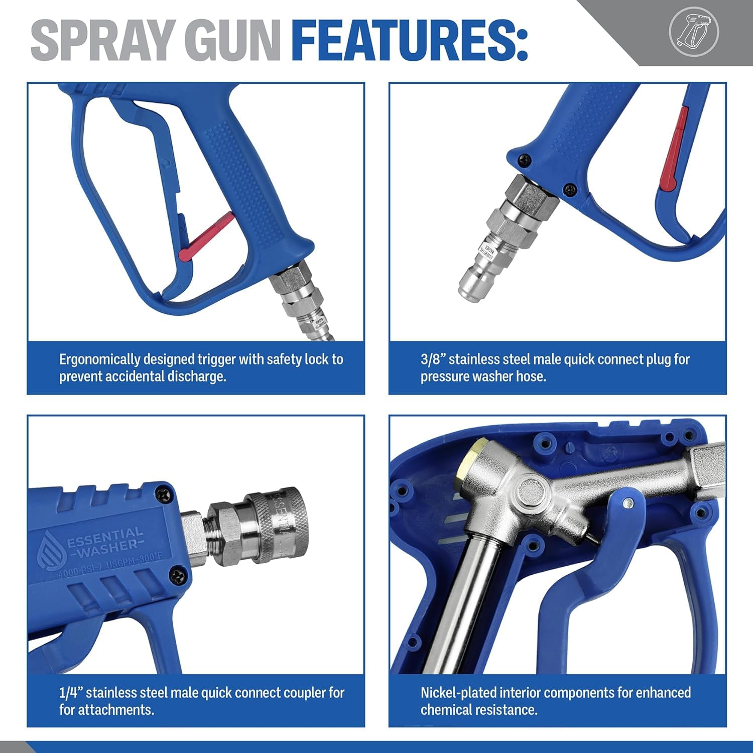 Stainless swivel and quick-connect on Essential Washer gun