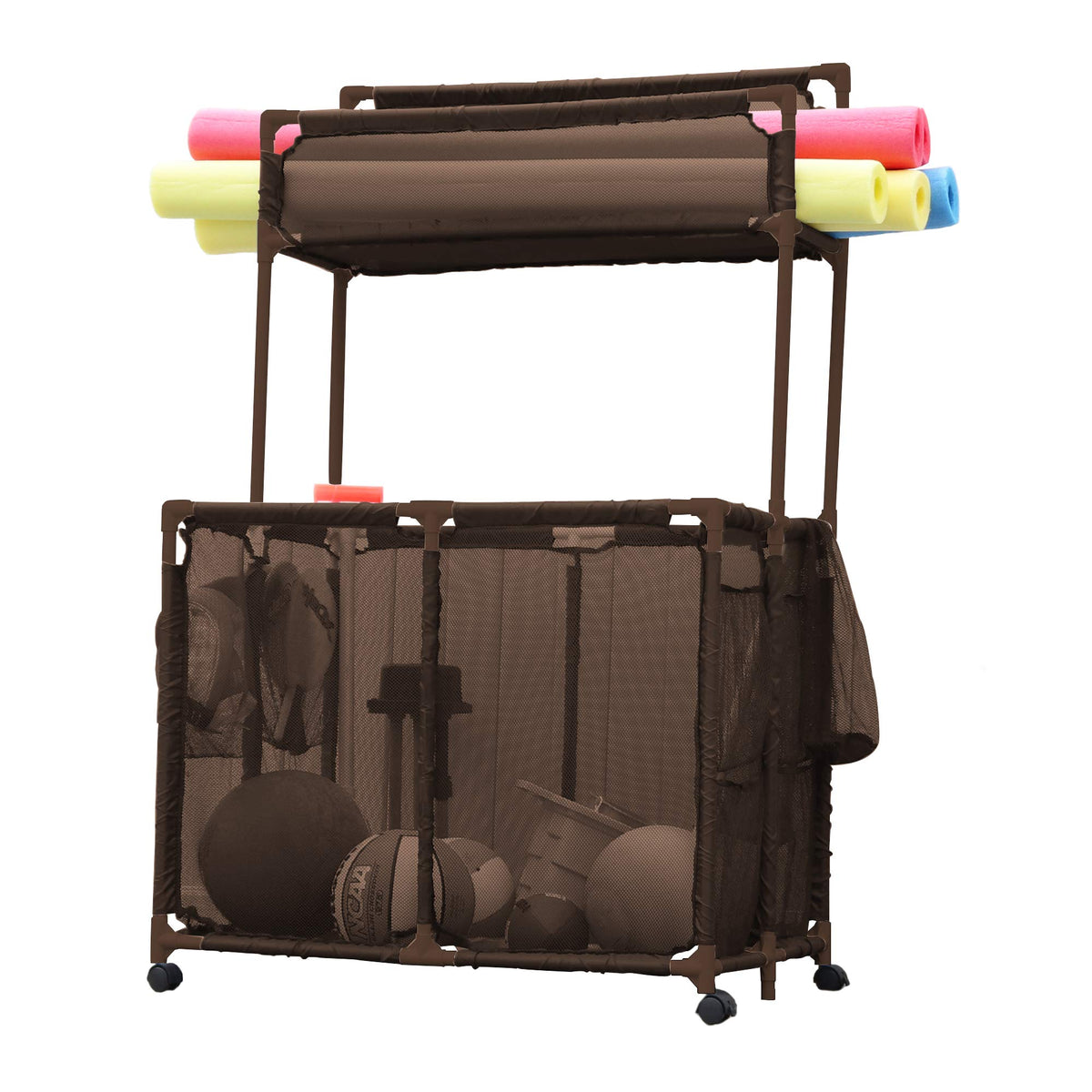 Essentially Yours pool storage double-decker bin with noodle rack for organized gear.