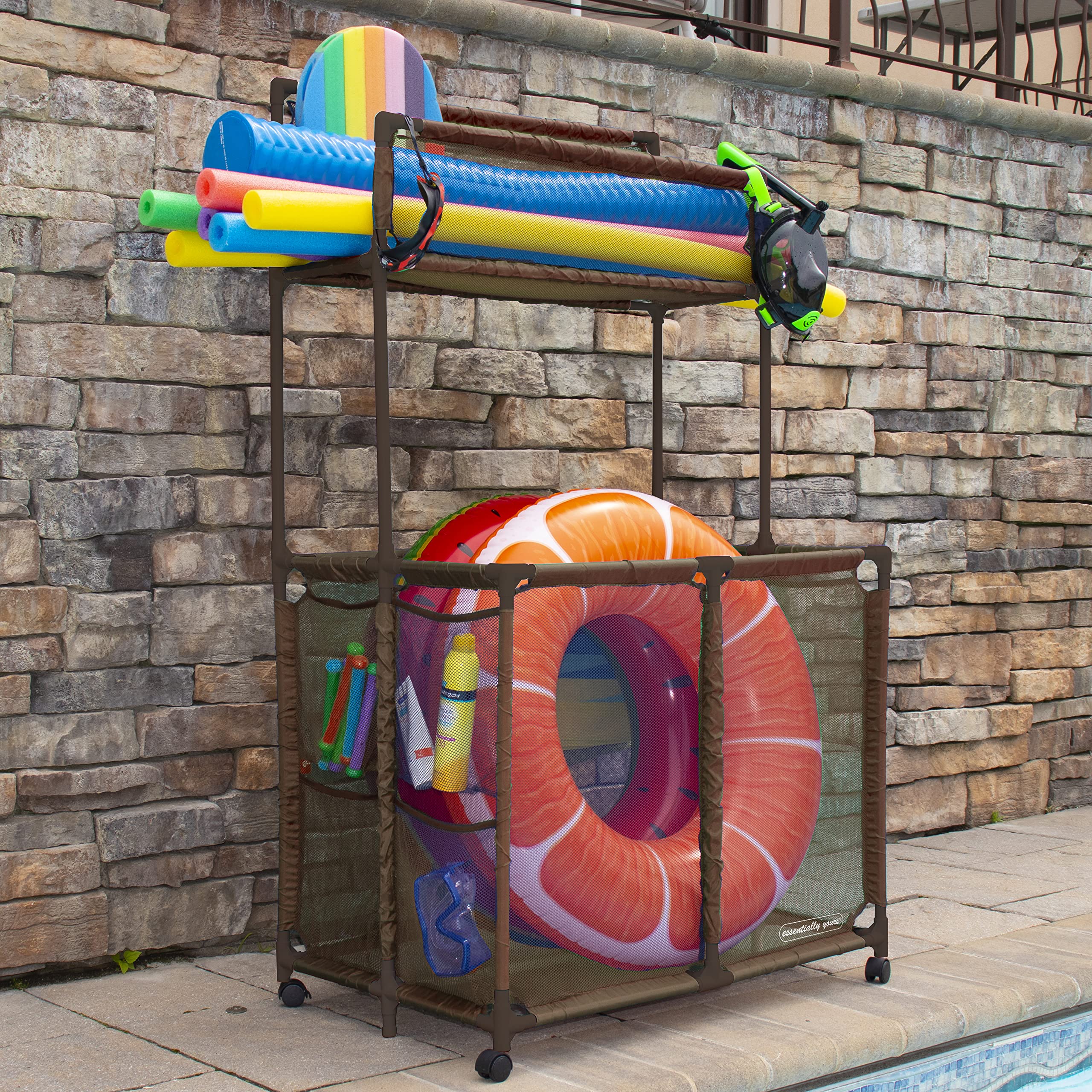 Essentially Yours pool storage unit with lockable wheels for easy repositioning.