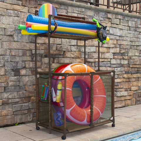 Essentially Yours pool storage unit with lockable wheels for easy repositioning.