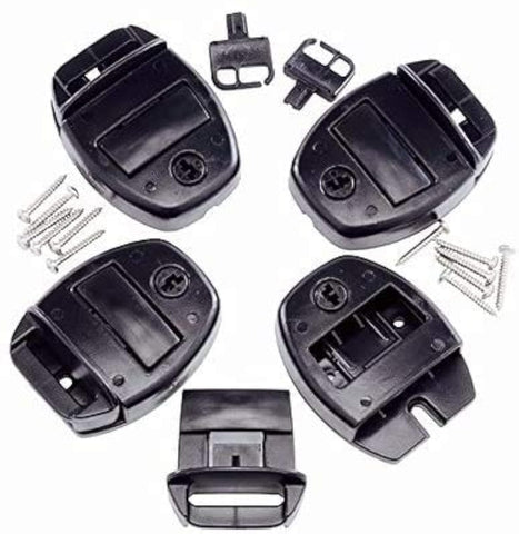 Essentials spa cover locks with push-button release for easy, secure four-lock setup.