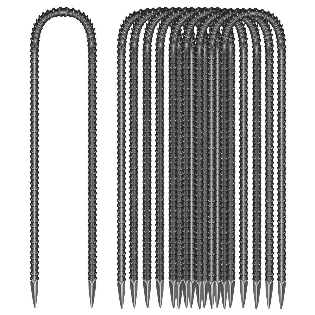 ESSFF 16-inch galvanized ground stake close-up with sharp tip for easy penetration.