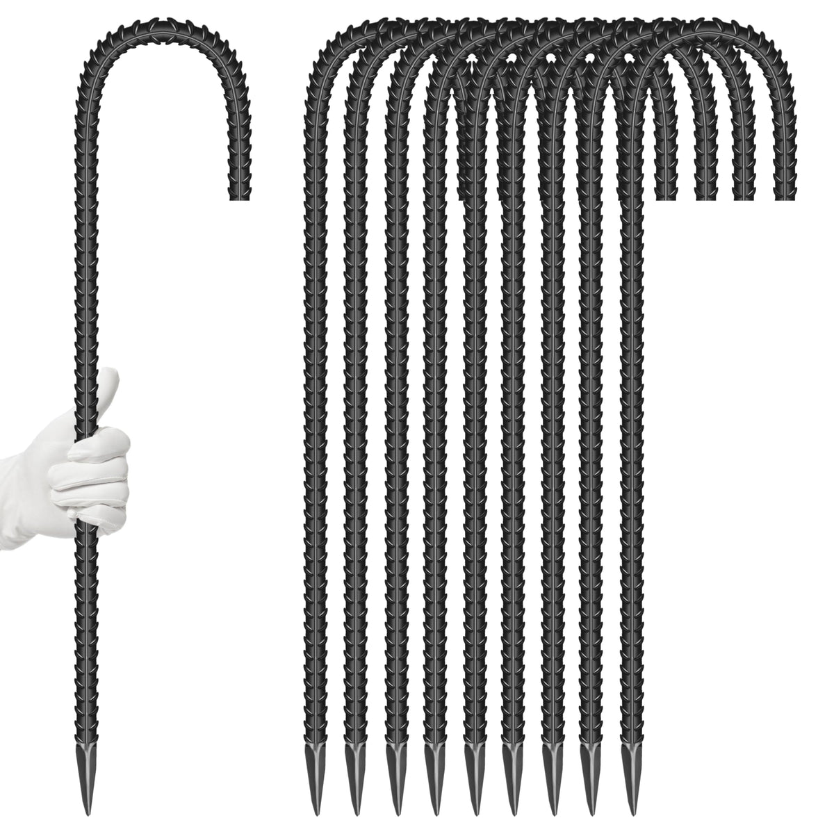 ESSFF 16-inch garden ground stake close-up in galvanized finish showcases durable, weather-ready construction.