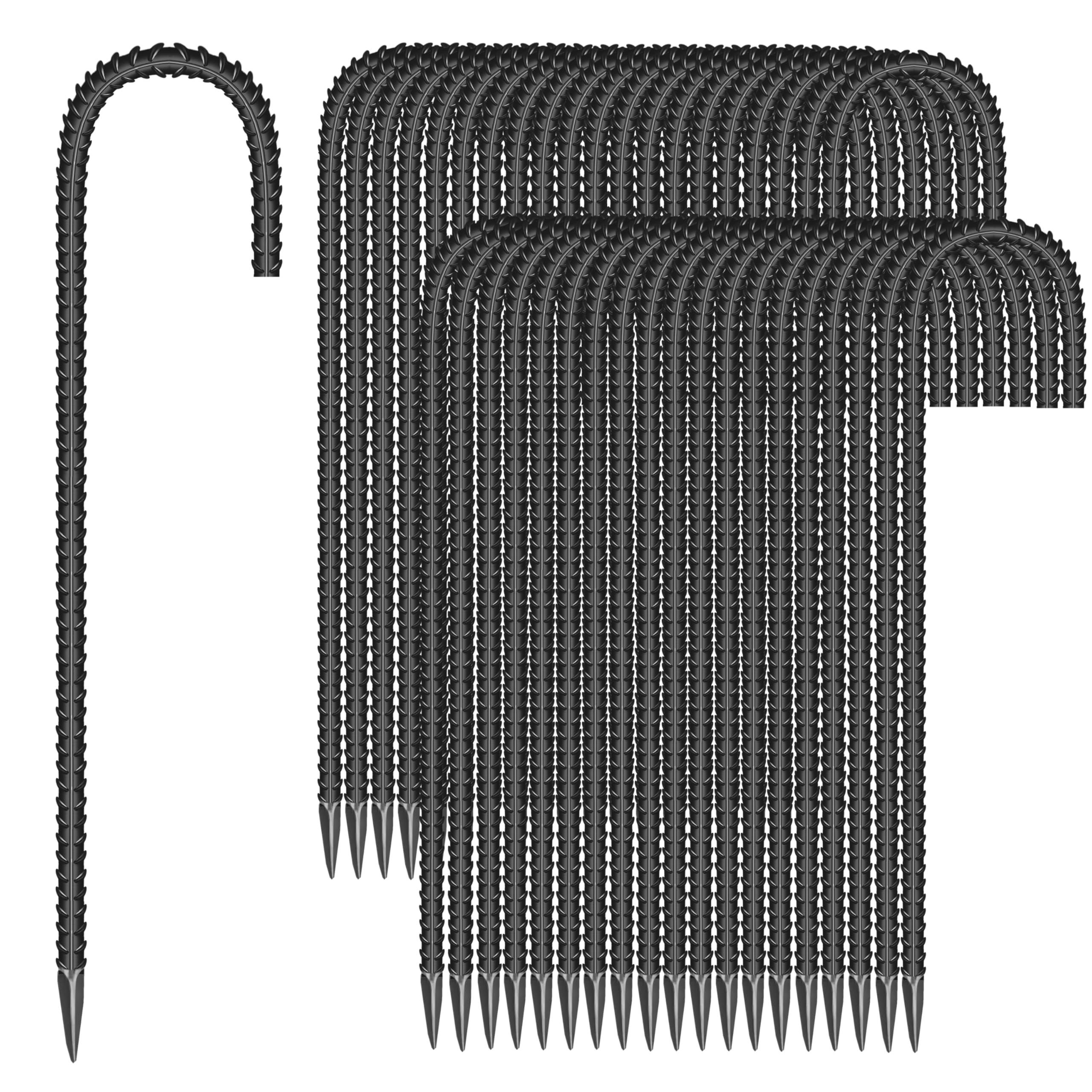 ESSFF 40-piece 12-inch J-shaped ground stake bundle secures tents and canopies outdoors.