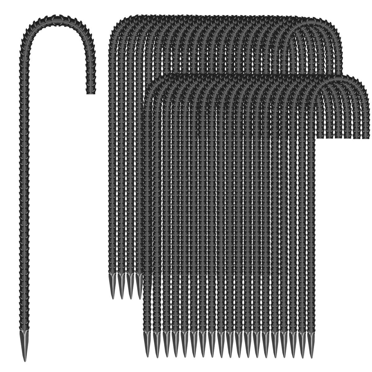 ESSFF 40-piece 12-inch J-shaped ground stake bundle secures tents and canopies outdoors.