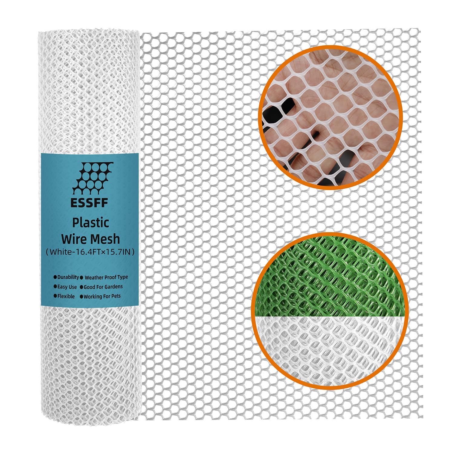 ESSFF Pet & Garden Safeguard roll in white netting viewed outdoors for backyard fencing
