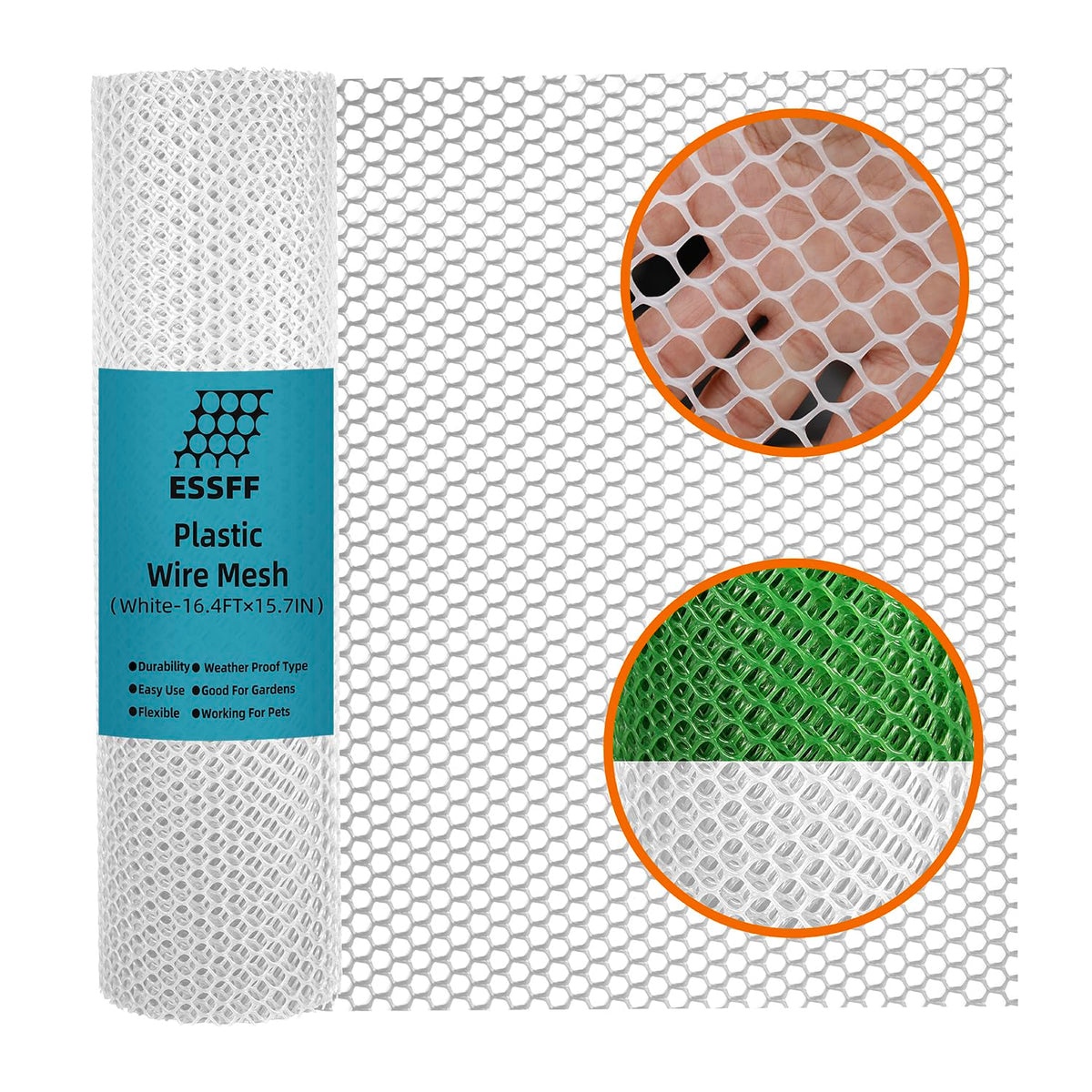 ESSFF Pet & Garden Safeguard roll in white netting viewed outdoors for backyard fencing