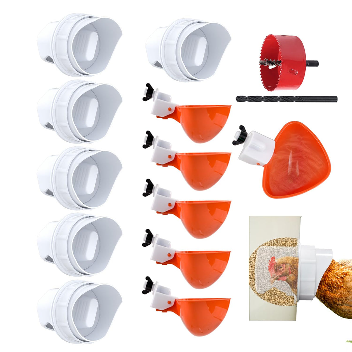 Essilnn DIY chicken feeder with 6 ports integrated into a bucket for mess-free feeding.