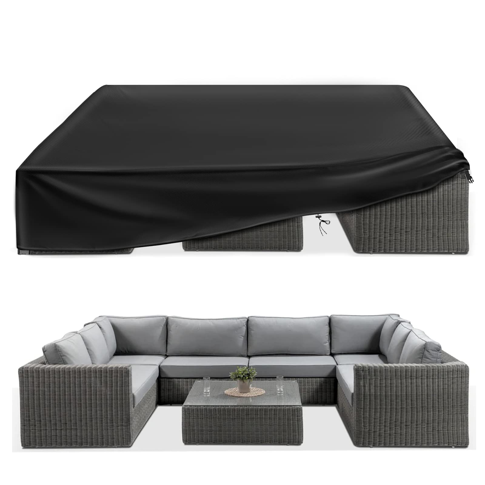 ESSORT extra-large cover draped over a 12-seat dining set protecting from rain